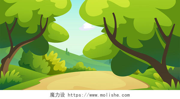 绿色小清新树林树丛水泥路森林展板背景